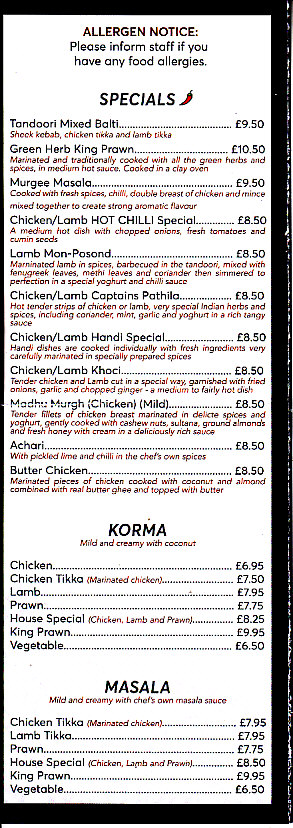 Hot Chilli indian menu fishguard